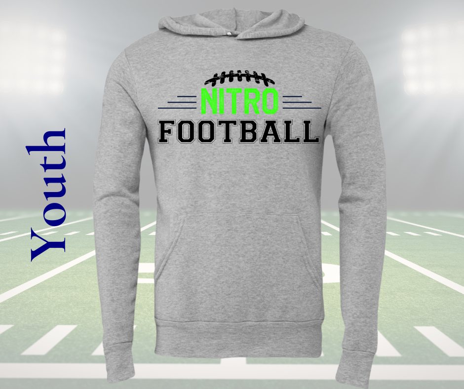 Youth gray Nitro Football Hoodie with green and black text and football graphic, lightweight and soft unisex design