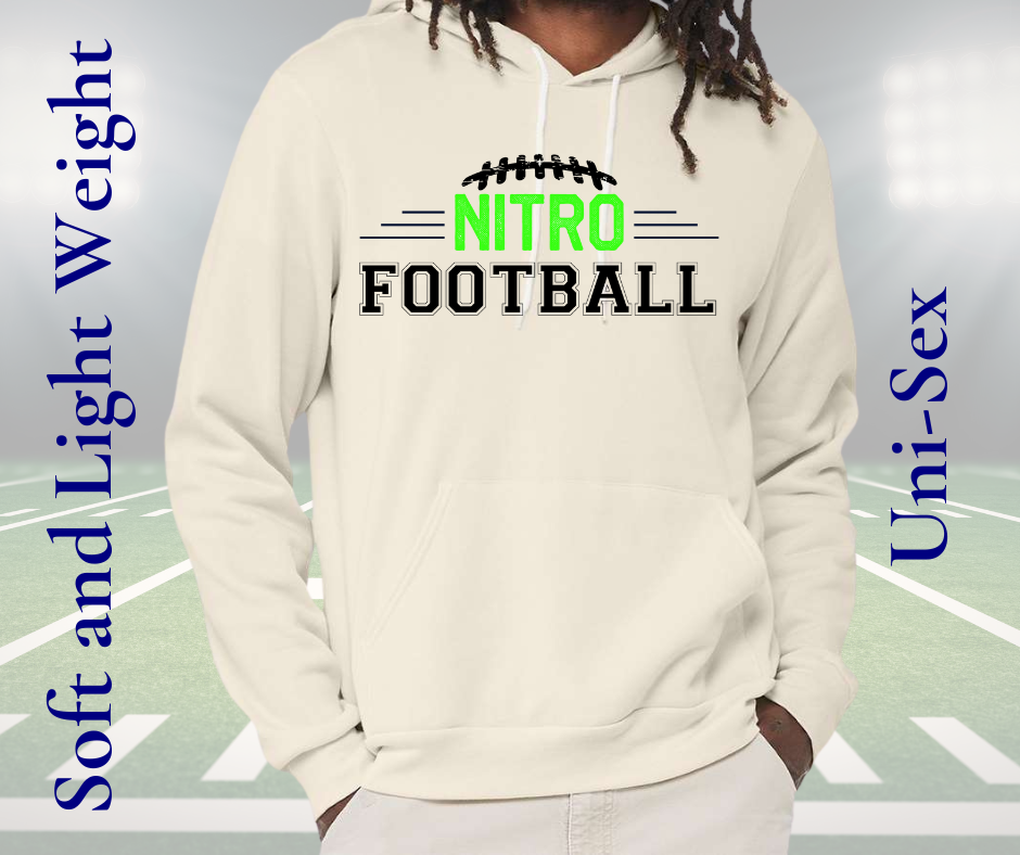 Nitro Football Hoodie unisex soft lightweight white pullover with green and black football design