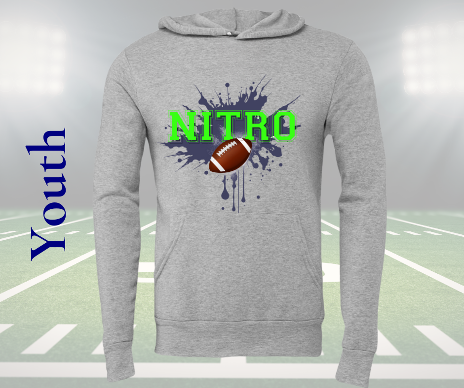 Youth grey Nitro Football Hoodie with green text and football graphic on front, lightweight and soft unisex design