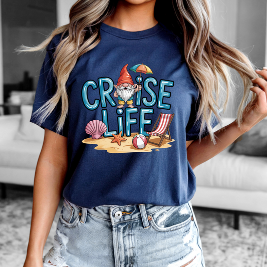 Cruise Life Gnome Shirt with playful gnome and beach designs, unisex sizing, ultra-soft fabric.