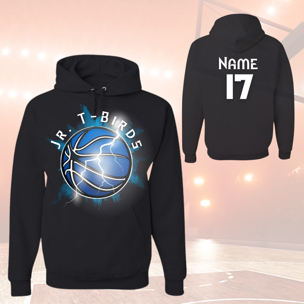 JR TBird Adult Hoodie with team logo and personalized text.
