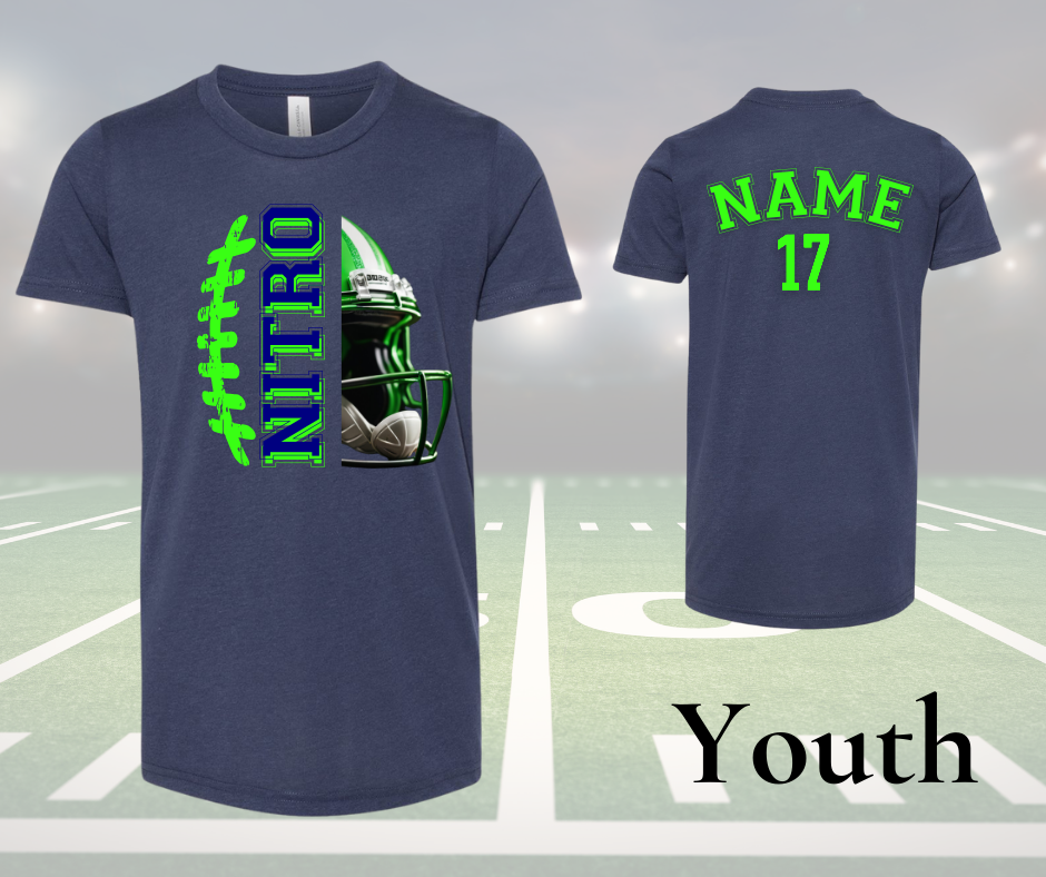 Youth Nitro Helmet Shirt in navy with green football design and customizable name and number on back