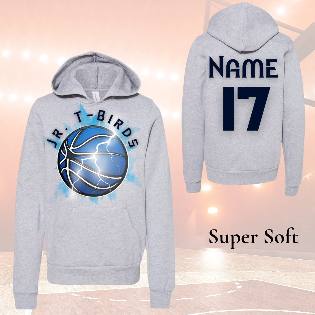 Jr TBirds Soft Hoodies with customizable name and number on basketball court background.