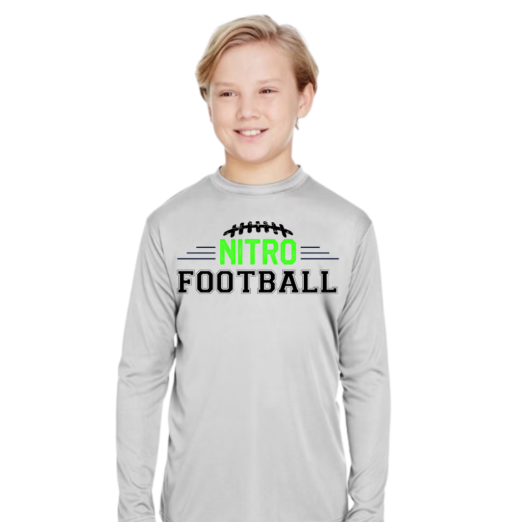 Youth wearing gray Long Sleeve Nitro Shirt with "Nitro Football" logo and moisture-wicking fabric