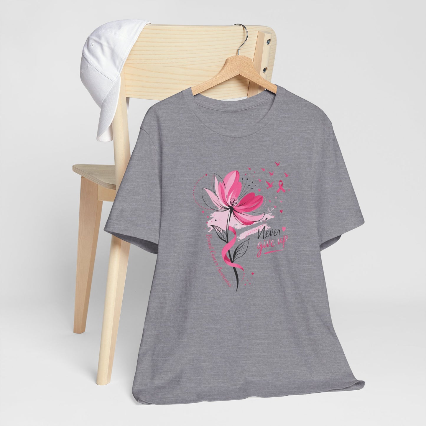 Never Give Up Floral Breast Cancer Awareness Tee