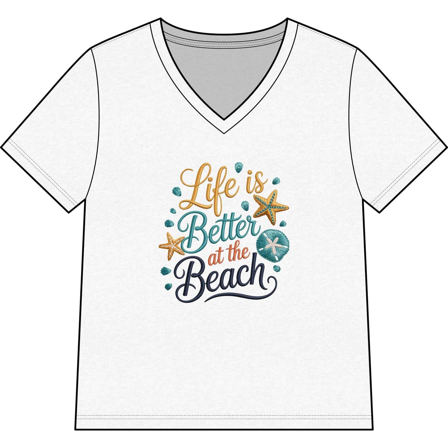 Women’s V-neck tee with faux cross-stitch beach design saying Life Is Better at the Beach in coastal colors