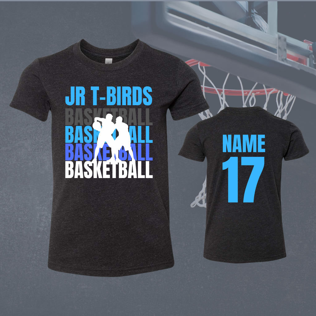 Jr T-Birds Adult T-Shirt - Customized, basketball team pride, durable cotton, personalized name and number.