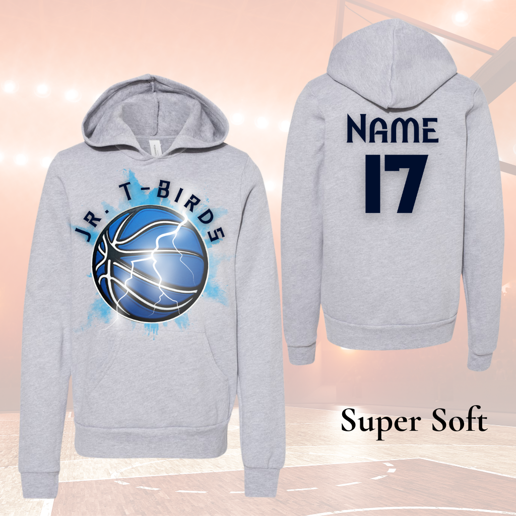 Jr Tbird Adult Hoodies with customizable basketball design, soft material, and personalized back.