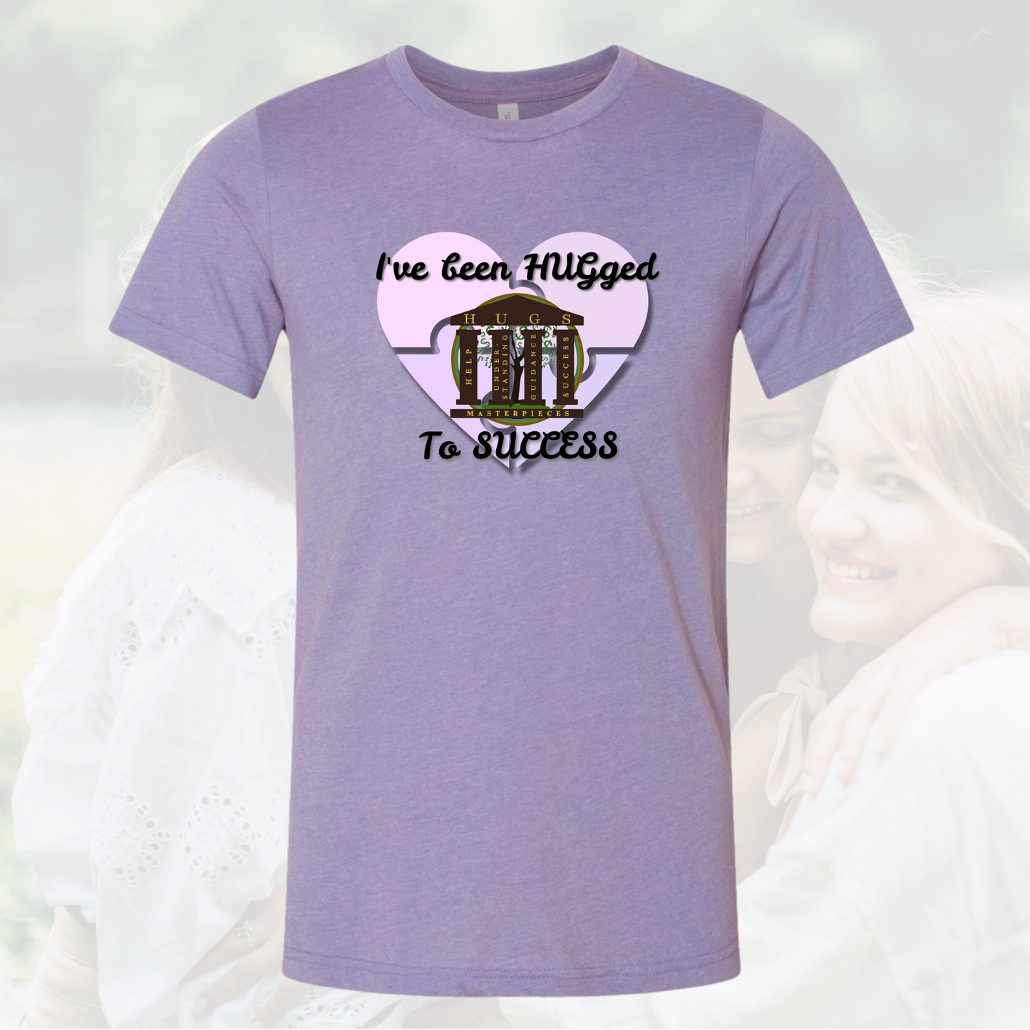 I've Been Hugged to Success unisex crew neck tee in purple with motivational hug design