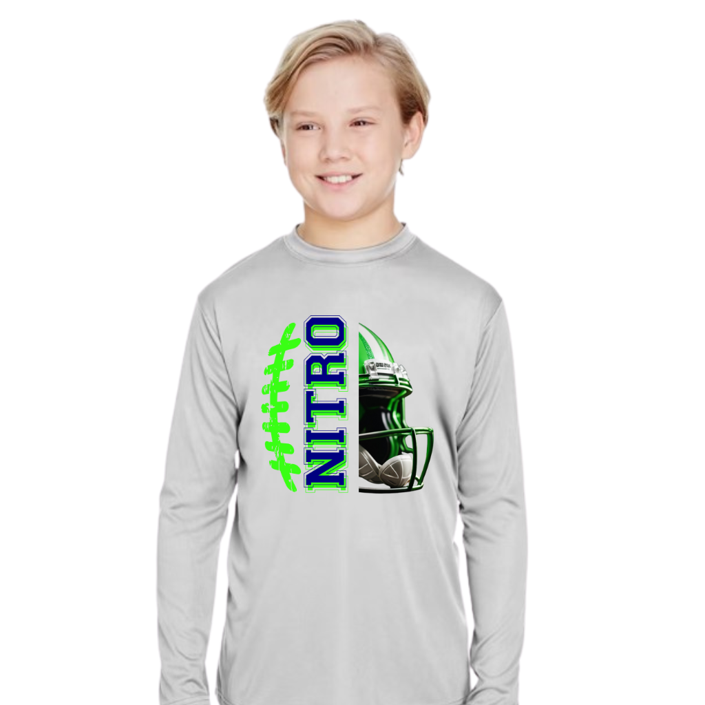 Youth wearing gray long sleeve Nitro Shirt with green football laces and helmet graphic.