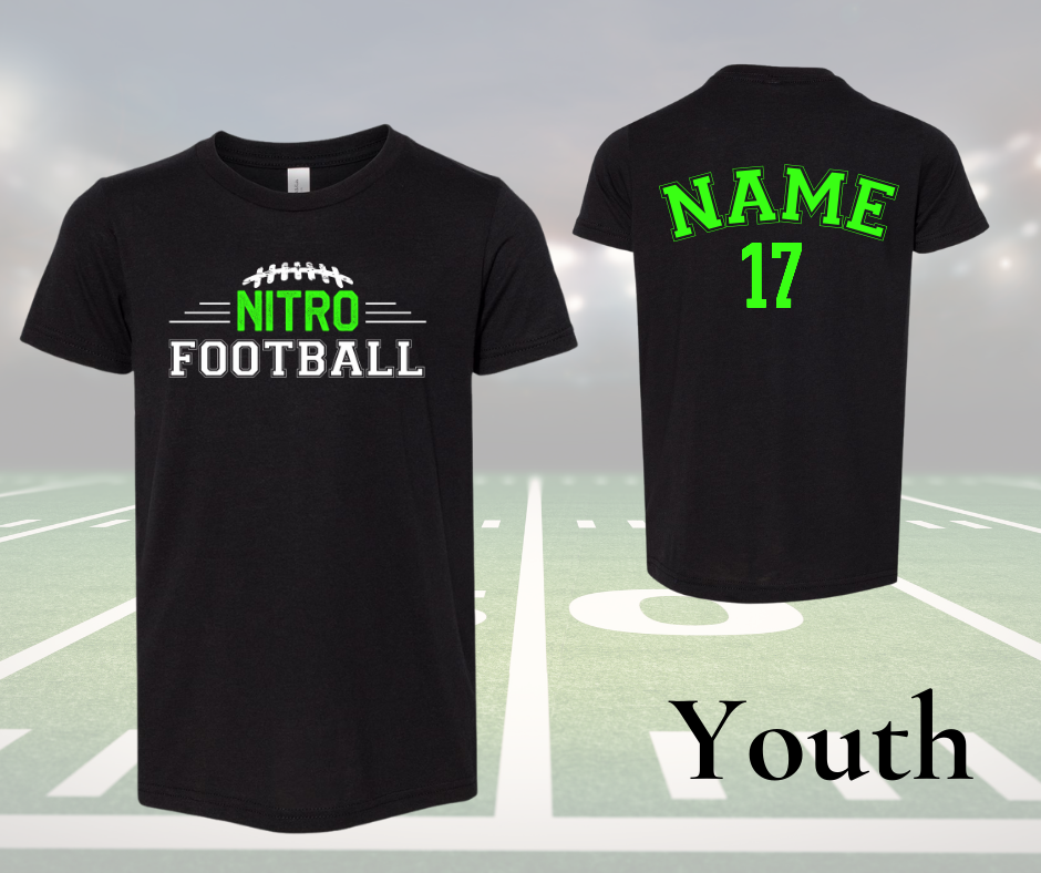 Youth Nitro Shirt black unisex football tee with customizable name and number on back