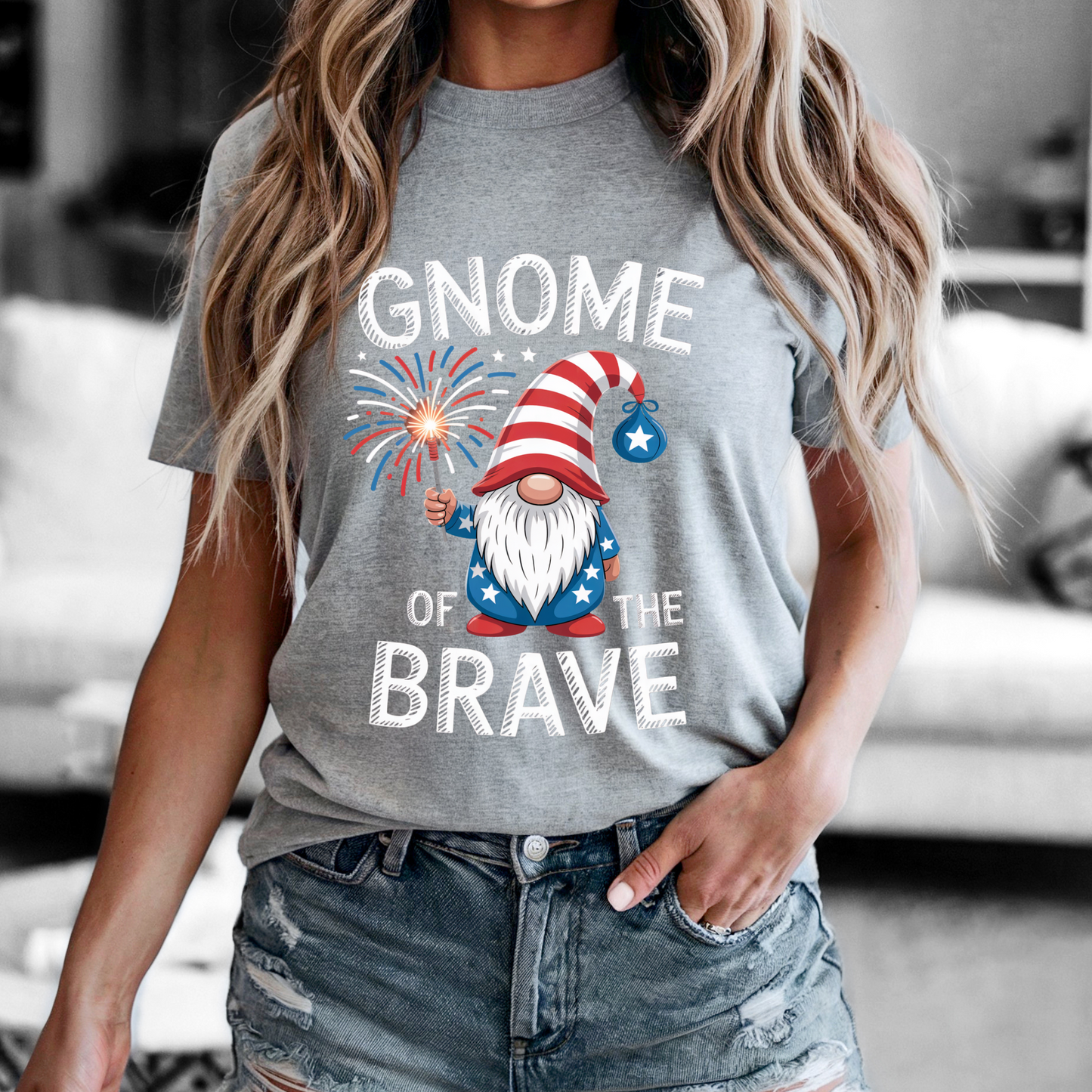Gnome of the Brave Tee featuring patriotic gnome design for 4th of July.