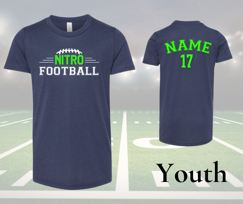 Youth Nitro Shirt with football graphic and customizable name and number on back in navy blue