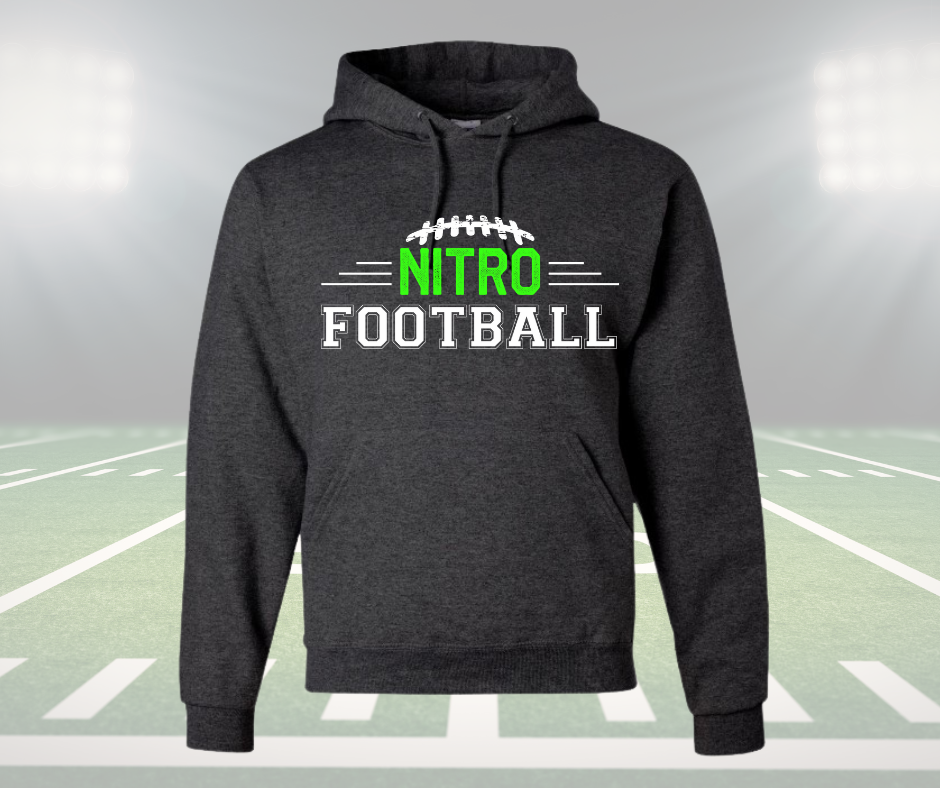 Youth Nitro Football Hoodie in dark gray with green and white print, lightweight and customizable for game-day wear