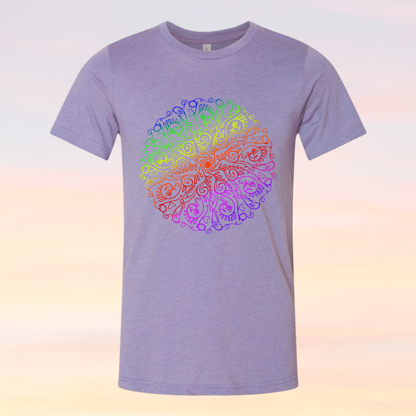 Mature Zetangle Shirt with colorful mandala design on lavender fabric.