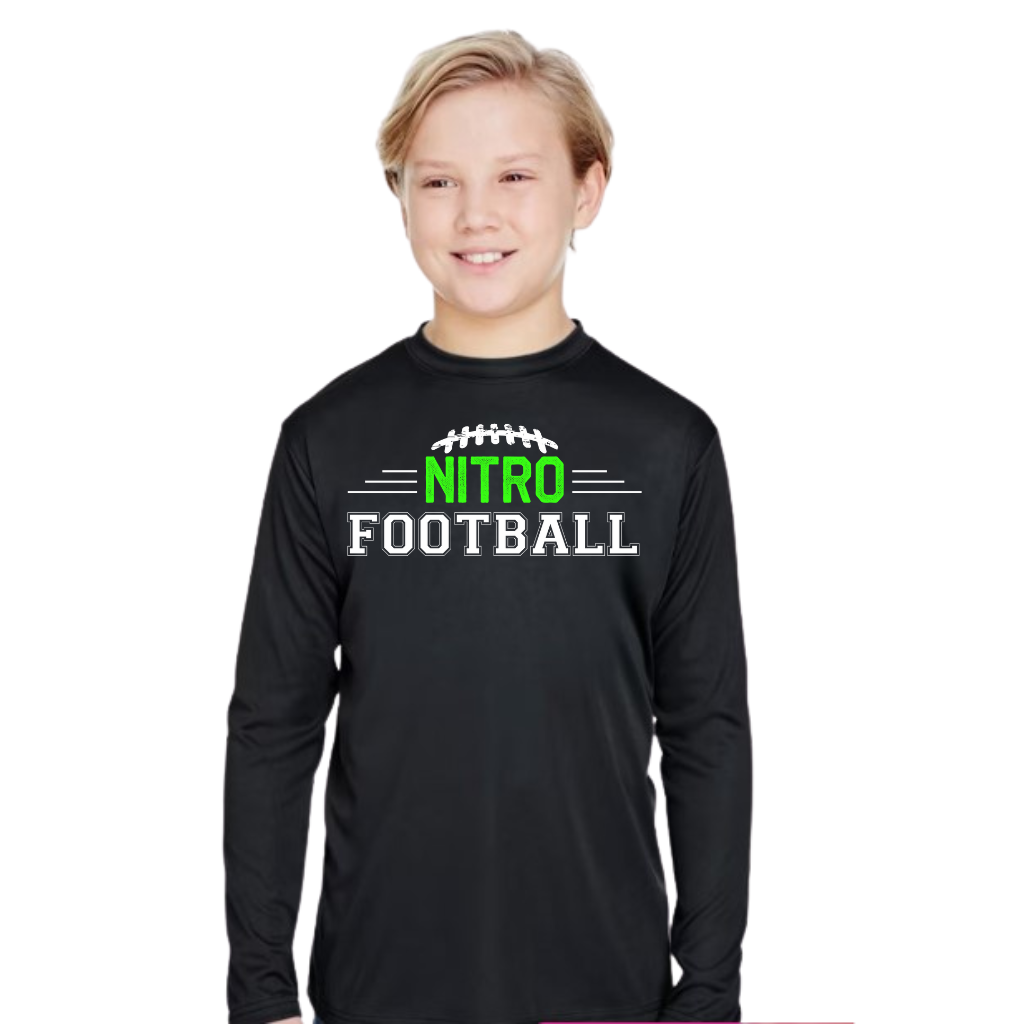 Youth wearing black Long Sleeve Nitro Shirt with green and white Nitro Football logo