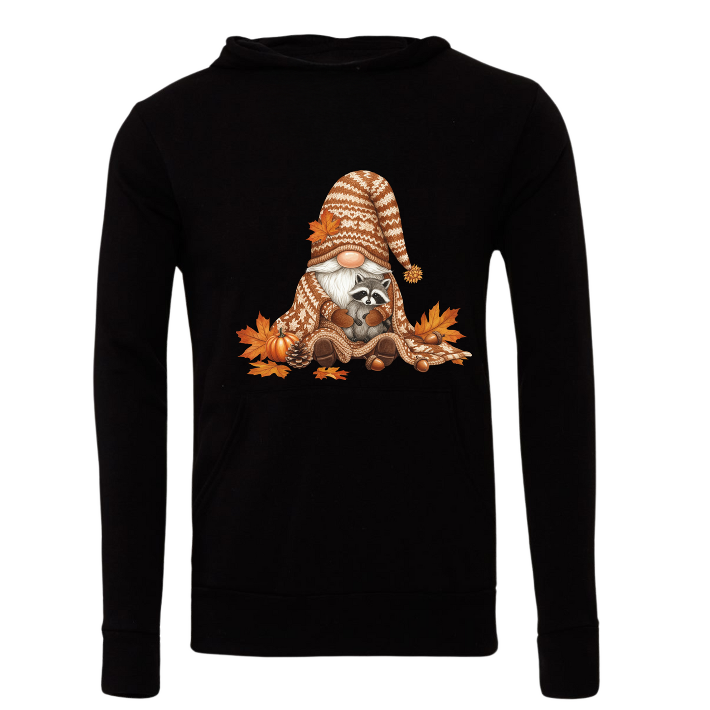 Black hoodie with a raccoon gnome graphic on a white background