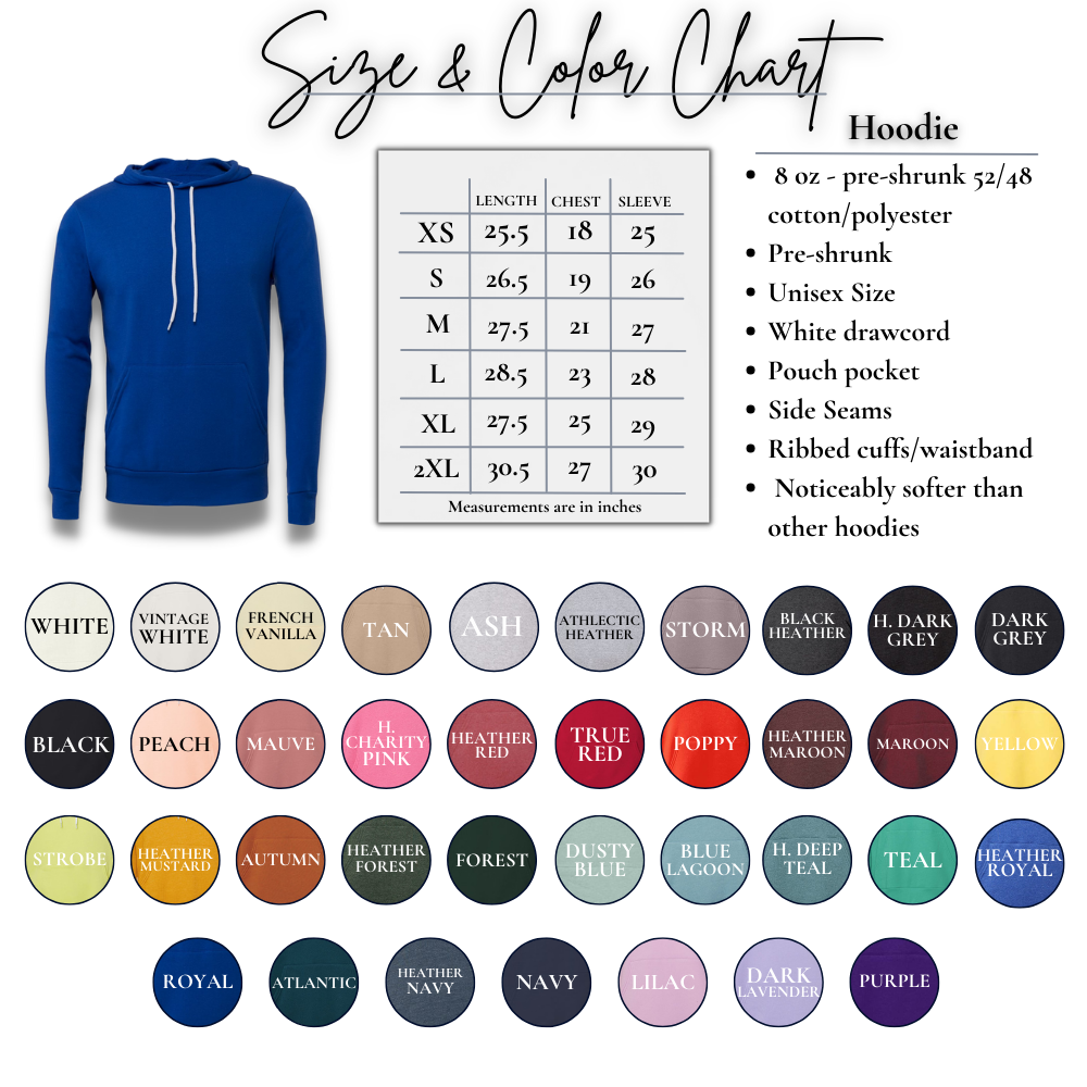 Custom soft hoodie size and color chart with various options.