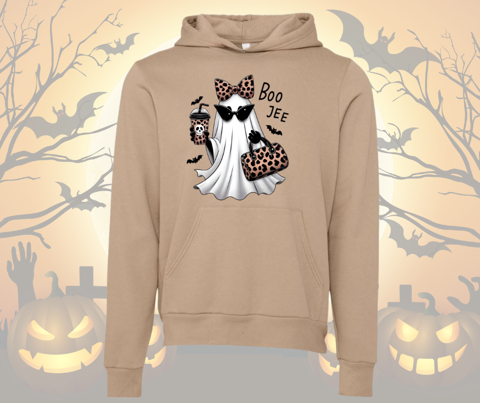 Beige hoodie with Halloween-themed design featuring a ghost, and a leopard bow