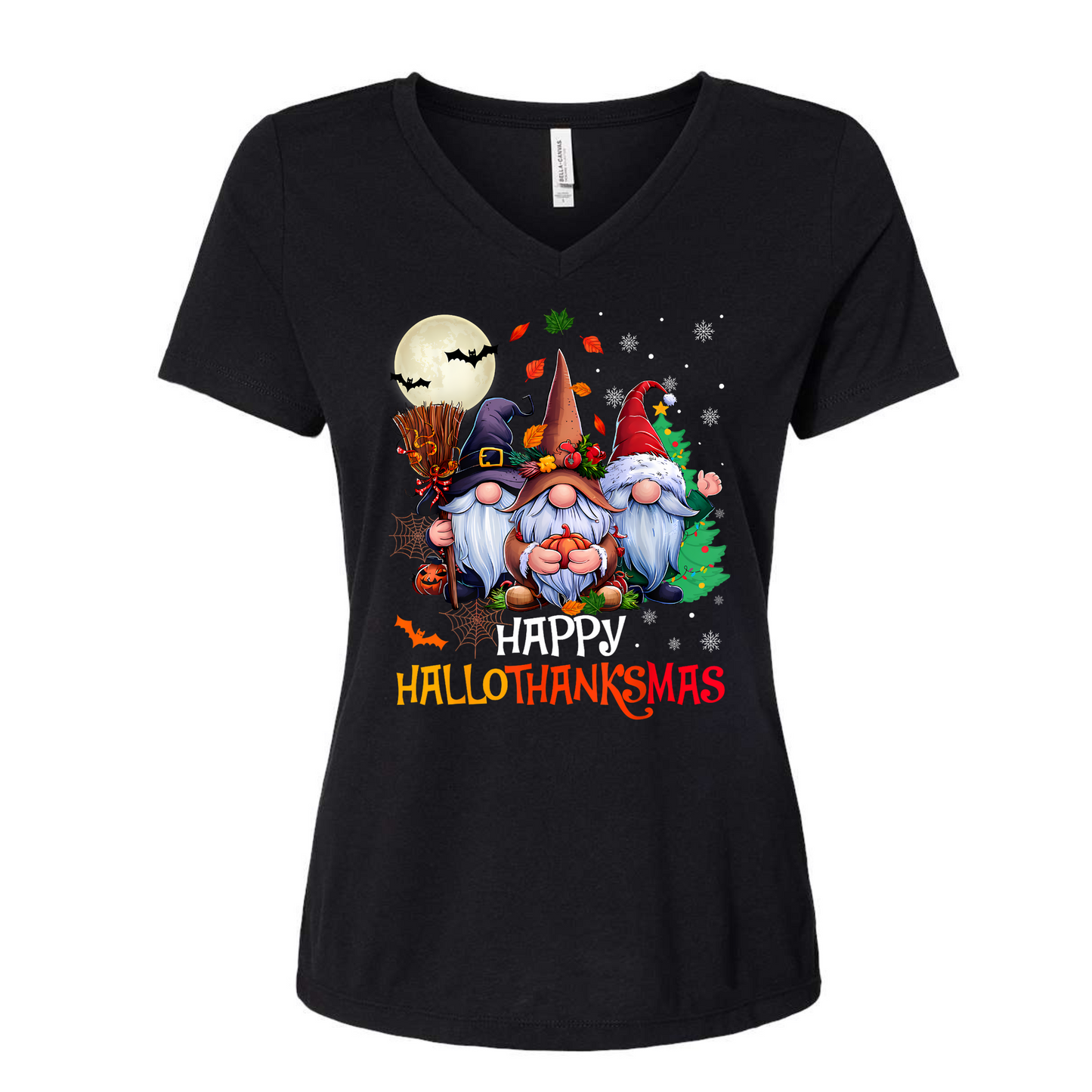 Black t-shirt with 'Happy Hallothanksmas' design featuring gnomes