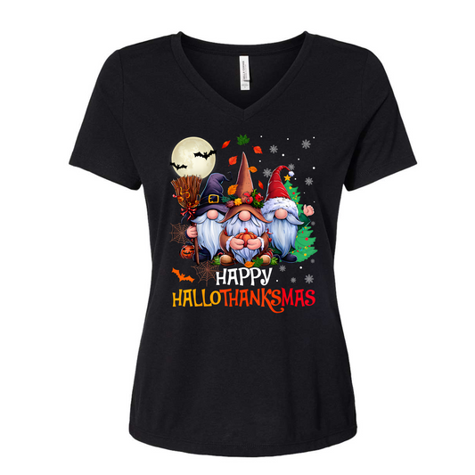 Black t-shirt with 'Happy Hallothanksmas' design featuring gnomes