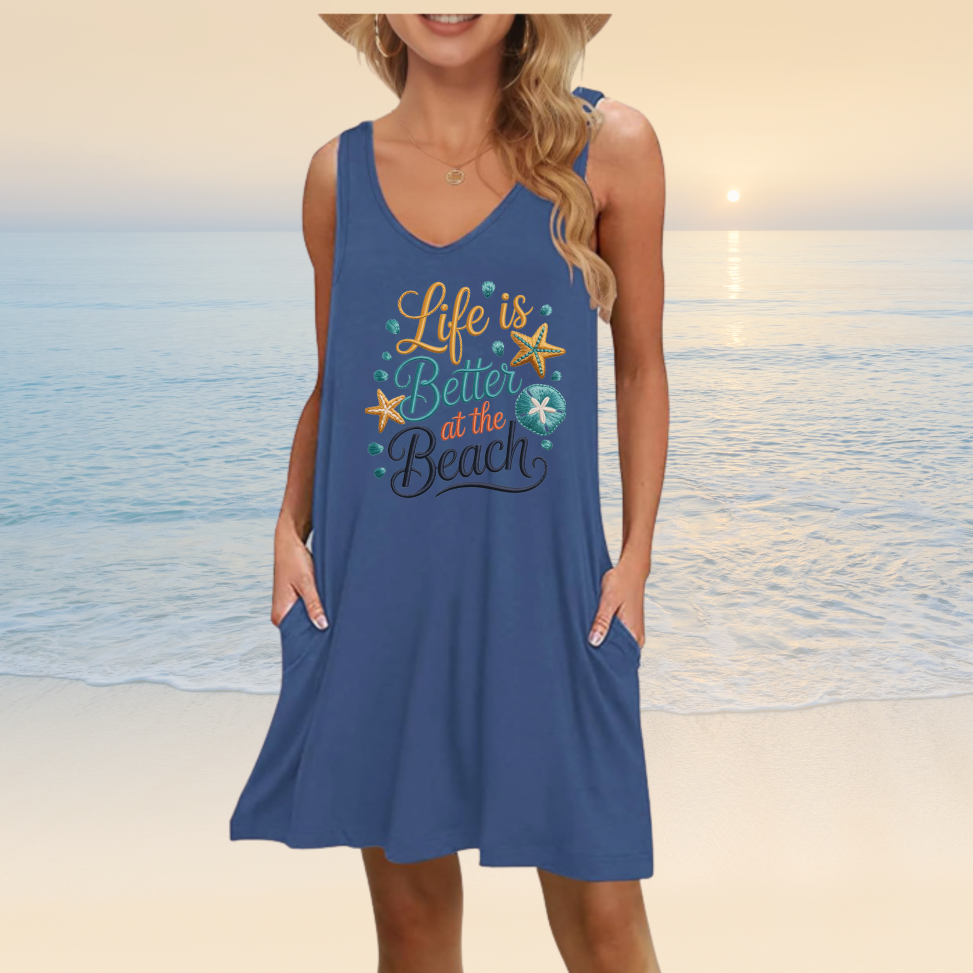 Woman wearing a blue dress with 'Life is Better at the Beach' text and starfish design on a beach background.