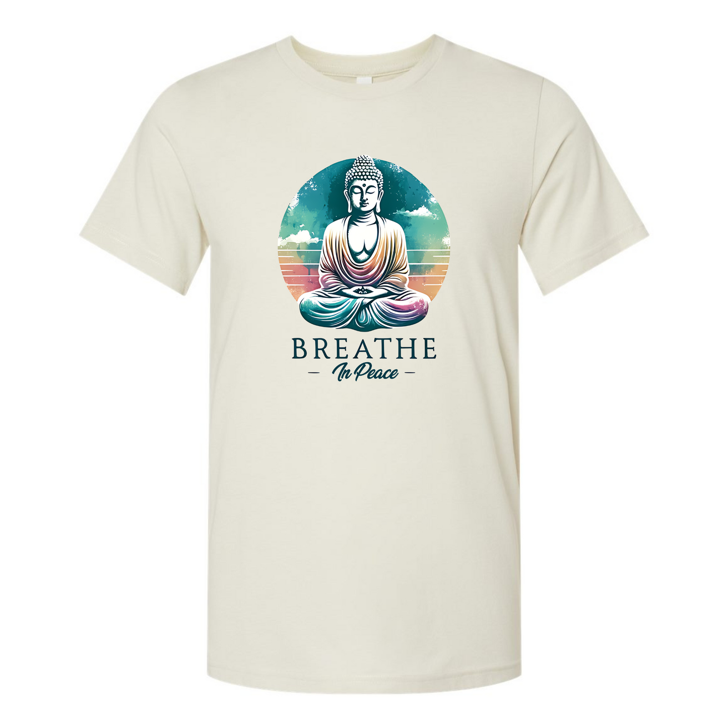 Beige t-shirt with a Buddha graphic and 'Breathe in Peace' text on a white background