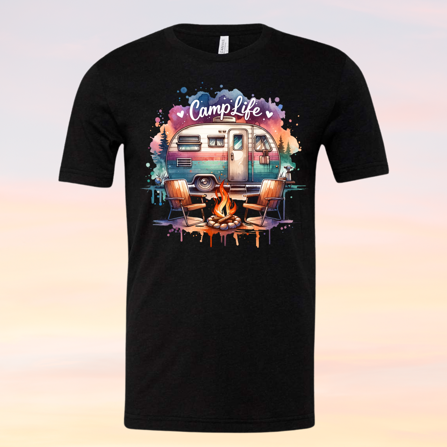 Camp Life Black Shirt with a campfire, chairs, camperand trees for those who love camping