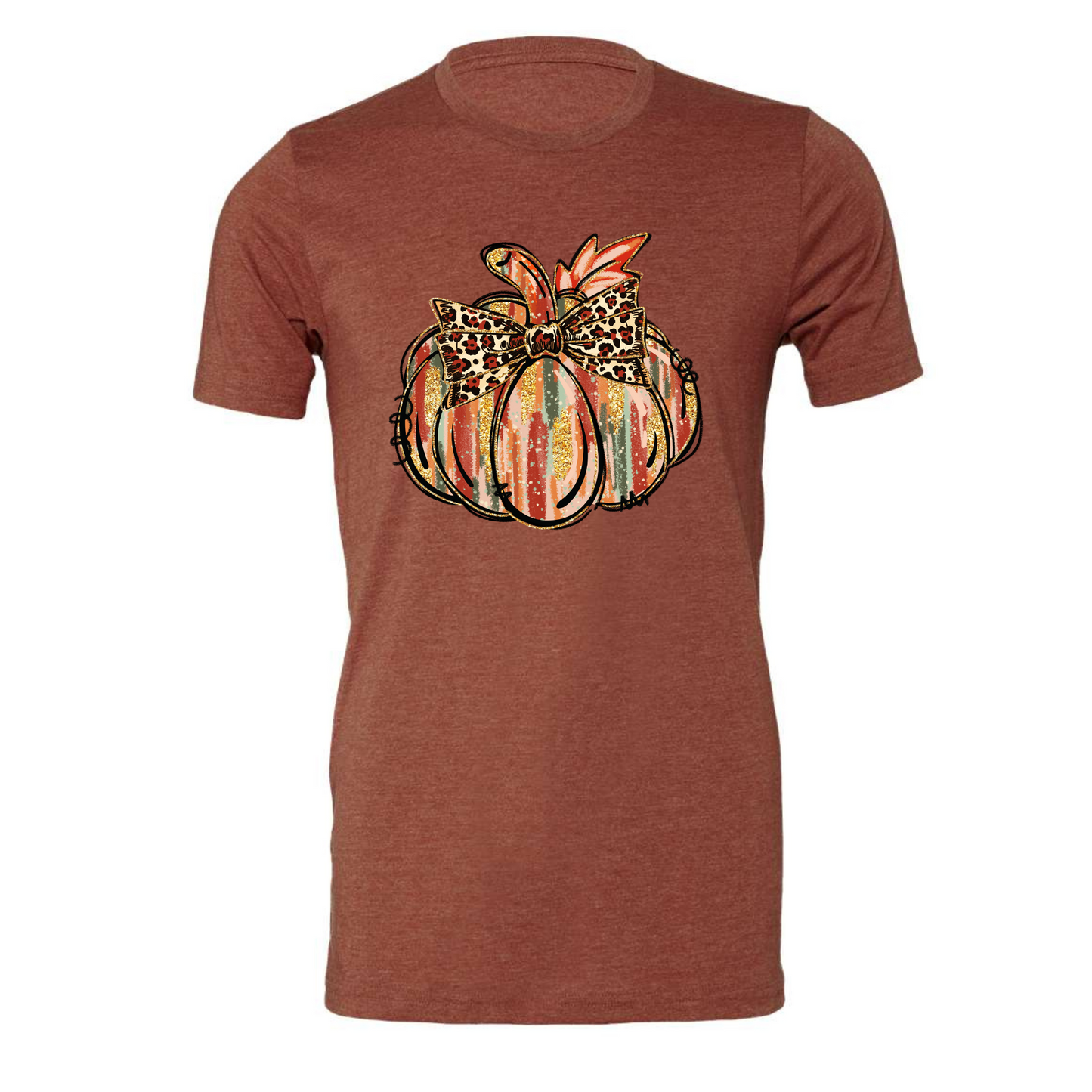 Clay colored t-shirt with pumkin and a leopard bow