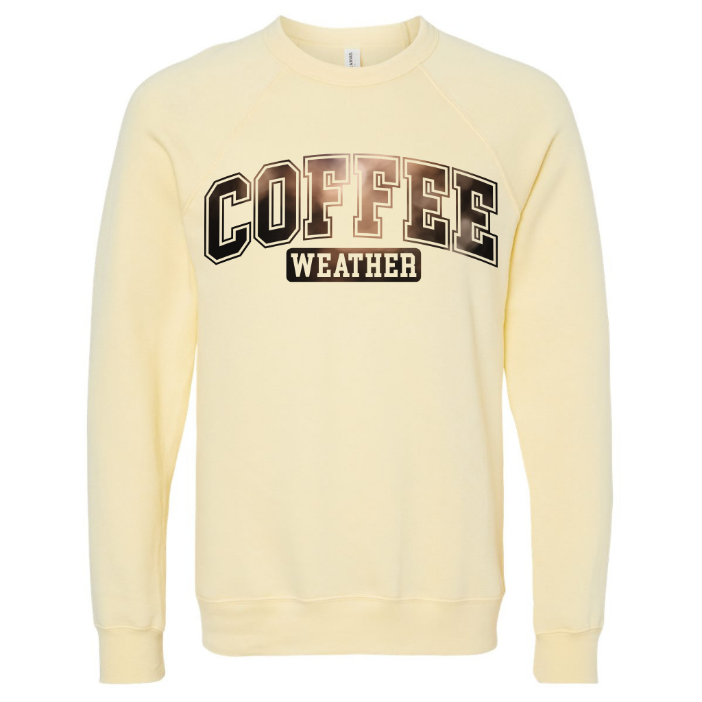 Coffee Sweatshirt with "Coffee Weather" design, made of cotton and polyester for warmth and comfort.