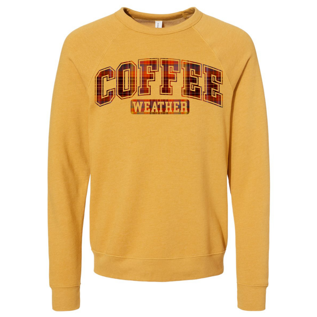 Coffee sweatshirt with "Coffee Weather" print, made of Airlume combed cotton and polyester, featuring ribbed cuffs.