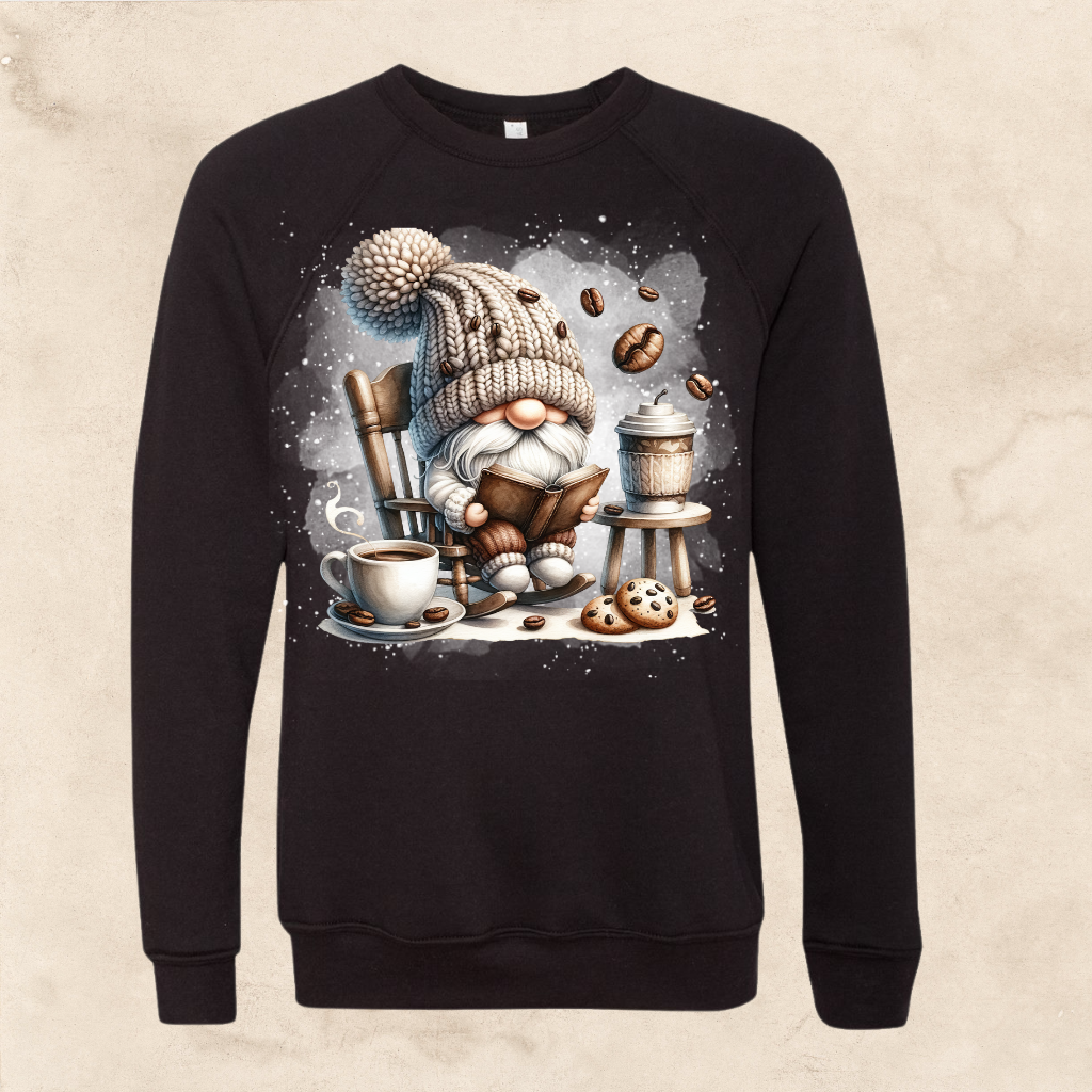 Coffee gnome rocking chair sweatshirt for adults.