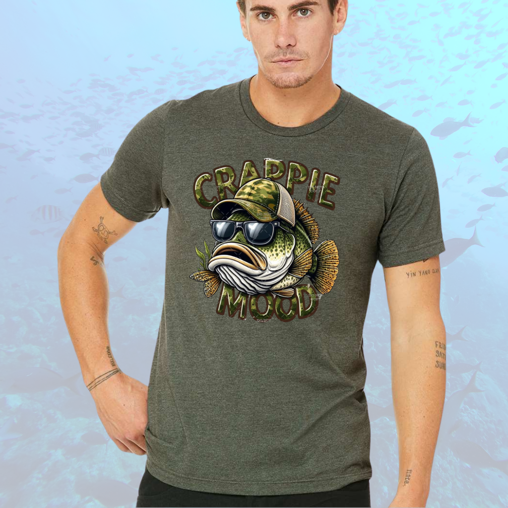 Crappie shirt with "Crappie Mood" design, ideal for fishing enthusiasts.