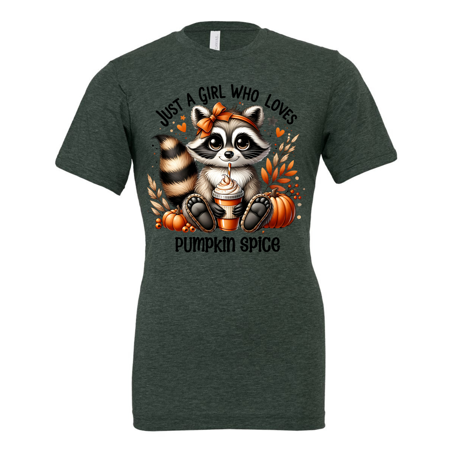 Dark green t-shirt with a raccoon graphic and 'Pumpkin Spice' text
