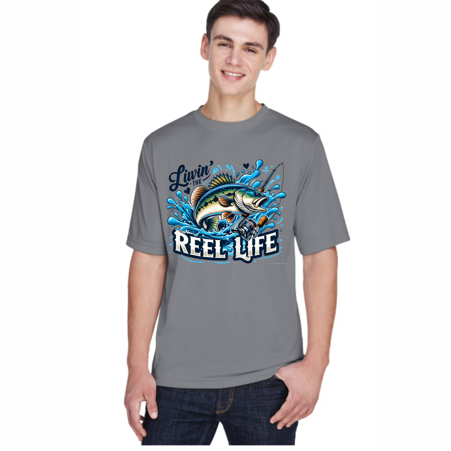 Person wearing a gray t-shirt with a fishing-themed graphic and text.