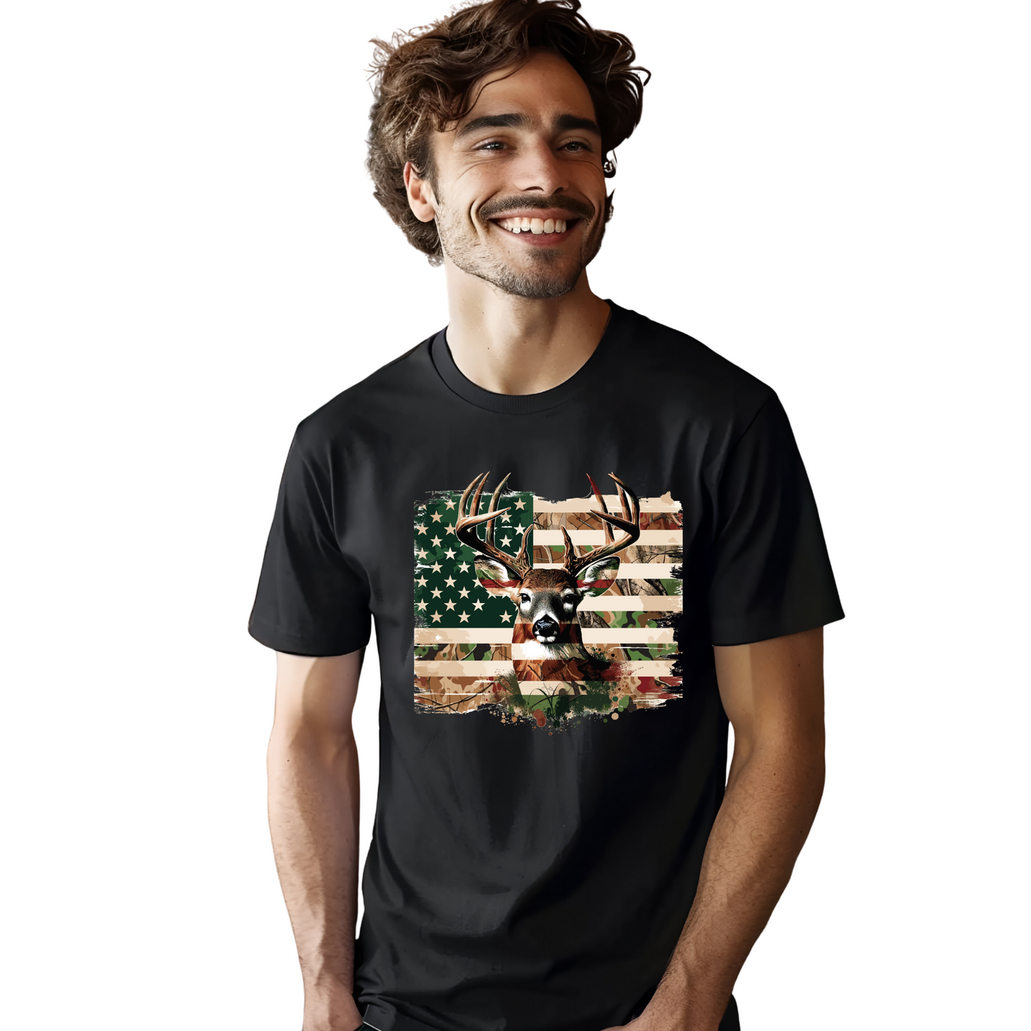 Man wearing a black t-shirt with a graphic design of a deer on an American flag