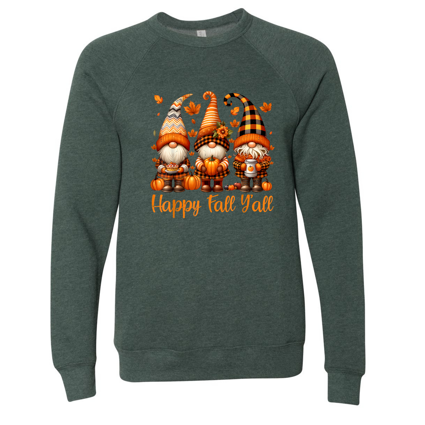 Forest Green sweatshirt with autumn-themed gnomes and 'Happy Fall Y'all' text