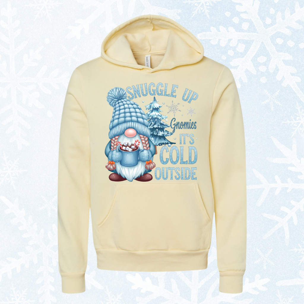 Gnome It's Cold Outside hoodie with festive gnome design on light fabric, featuring light blue and white tones, perfect for winter comfort.