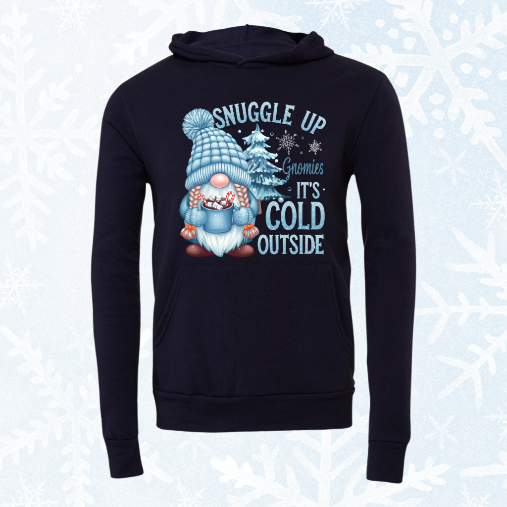 Gnome It's Cold Outside hoodie with festive gnome design, black color.