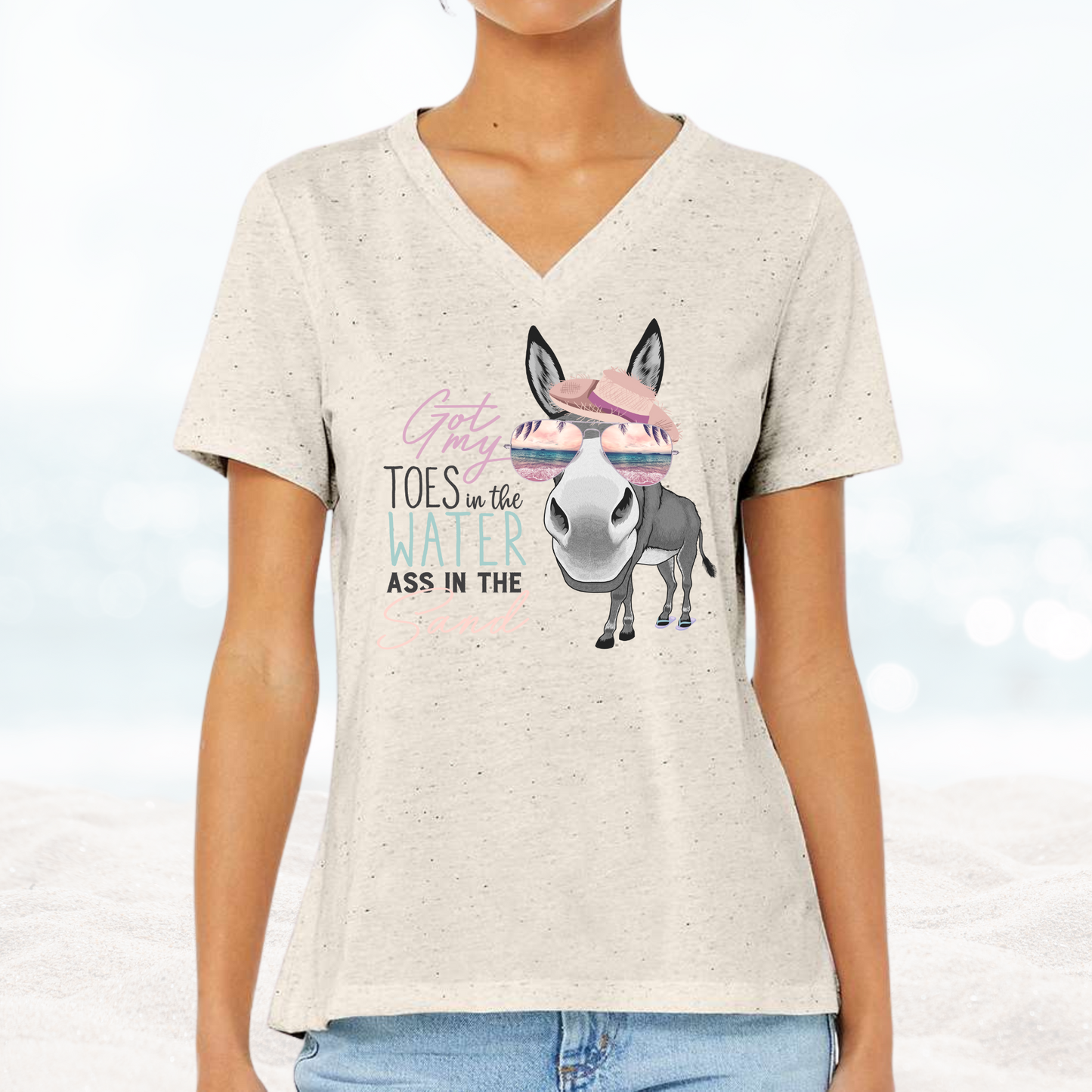 Got_My_Toes_in_The_Water_Ass_in_the_Sand_Oatmeal colored Vneck_Shirt