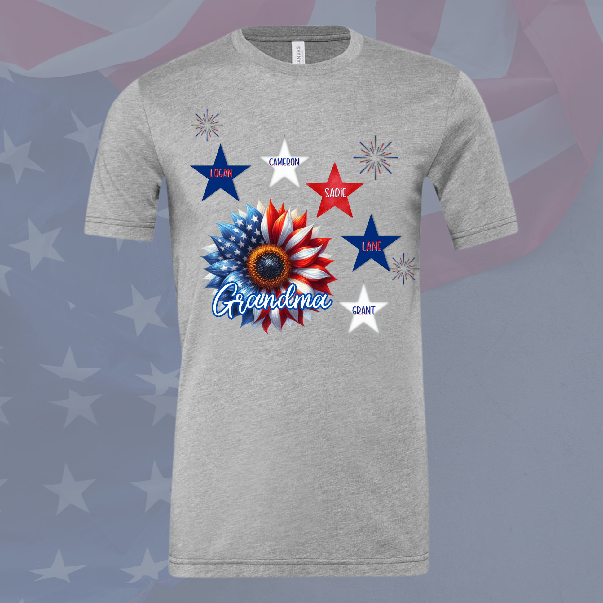 Gray American Grandma Shirt with patriotic sunflower and stars design featuring family names Logan, Cameron, Sadie, Lane, and Grant