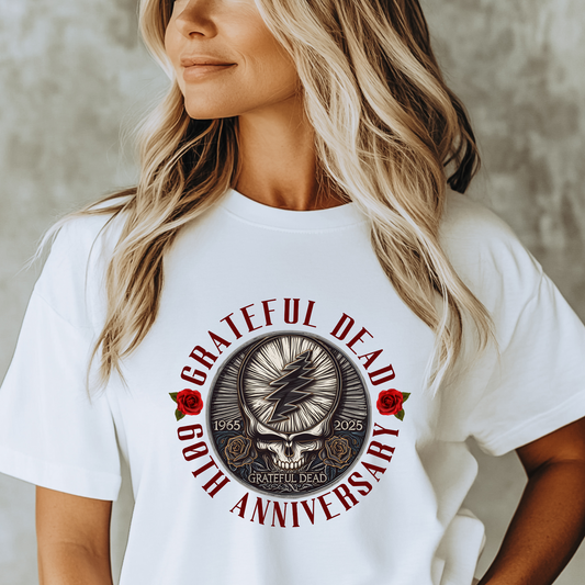 White crew neck t-shirt with a graphic print of the Grateful Dead 60th Anniversary.