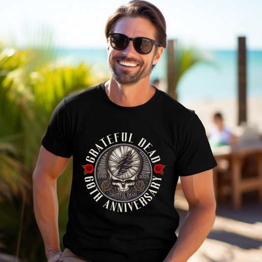 Grateful Dead Anniversary Tee worn by smiling man outdoors.