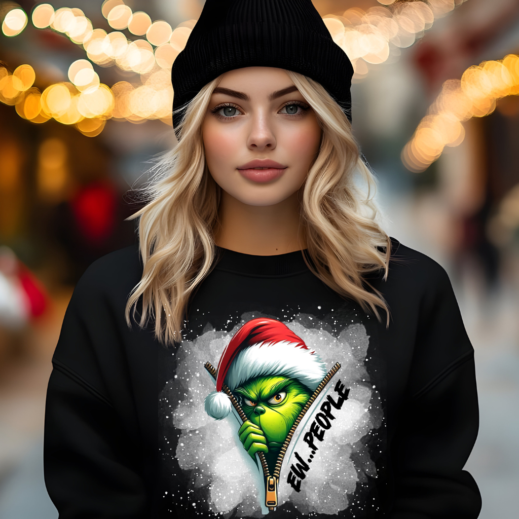Grinch Ew People Sweatshirt on woman with festive lights in background