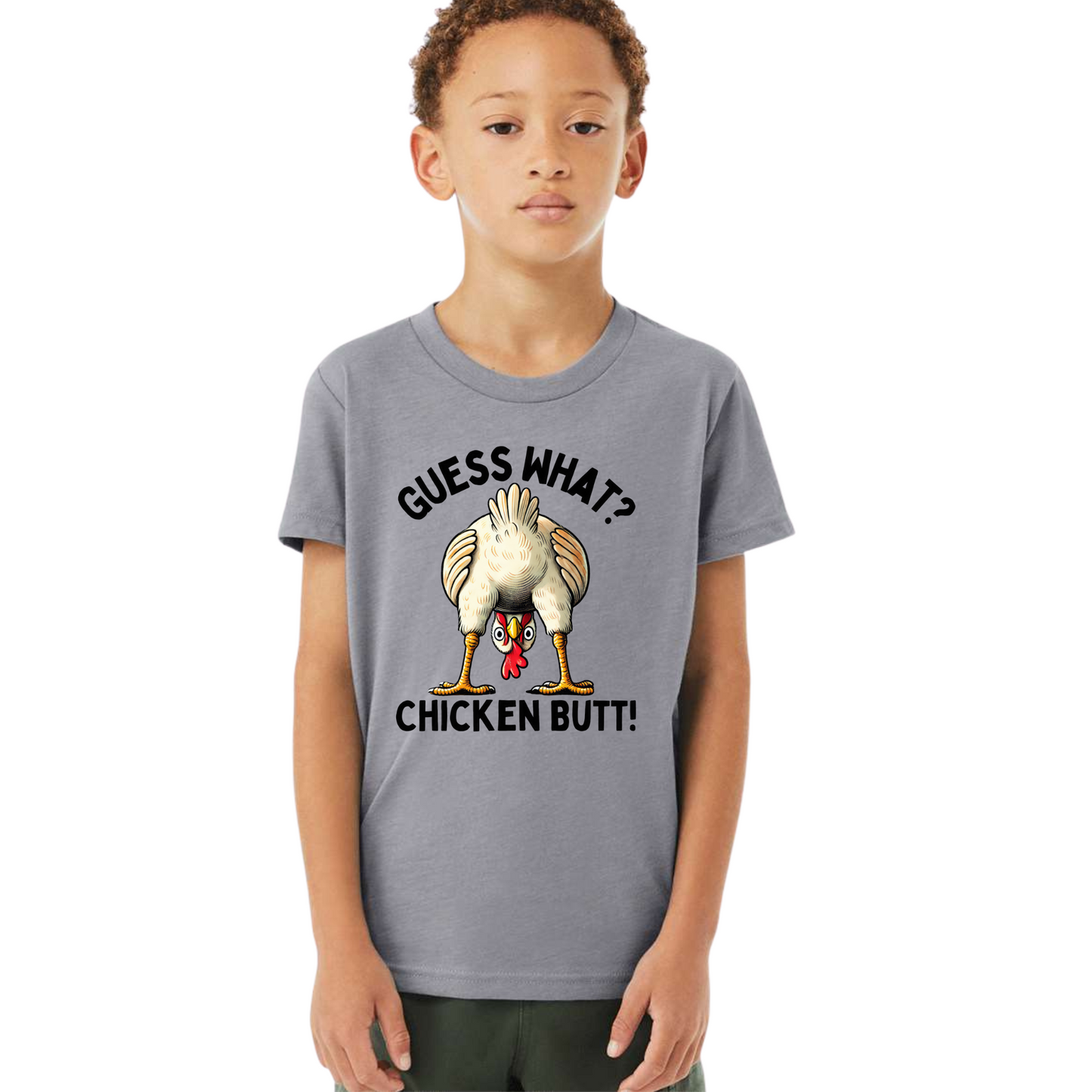 Child wearing a gray t-shirt with a graphic of a chicken