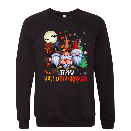 Black sweatshirt with 'Happy Hallothanksmas' gnomes design on a white background
