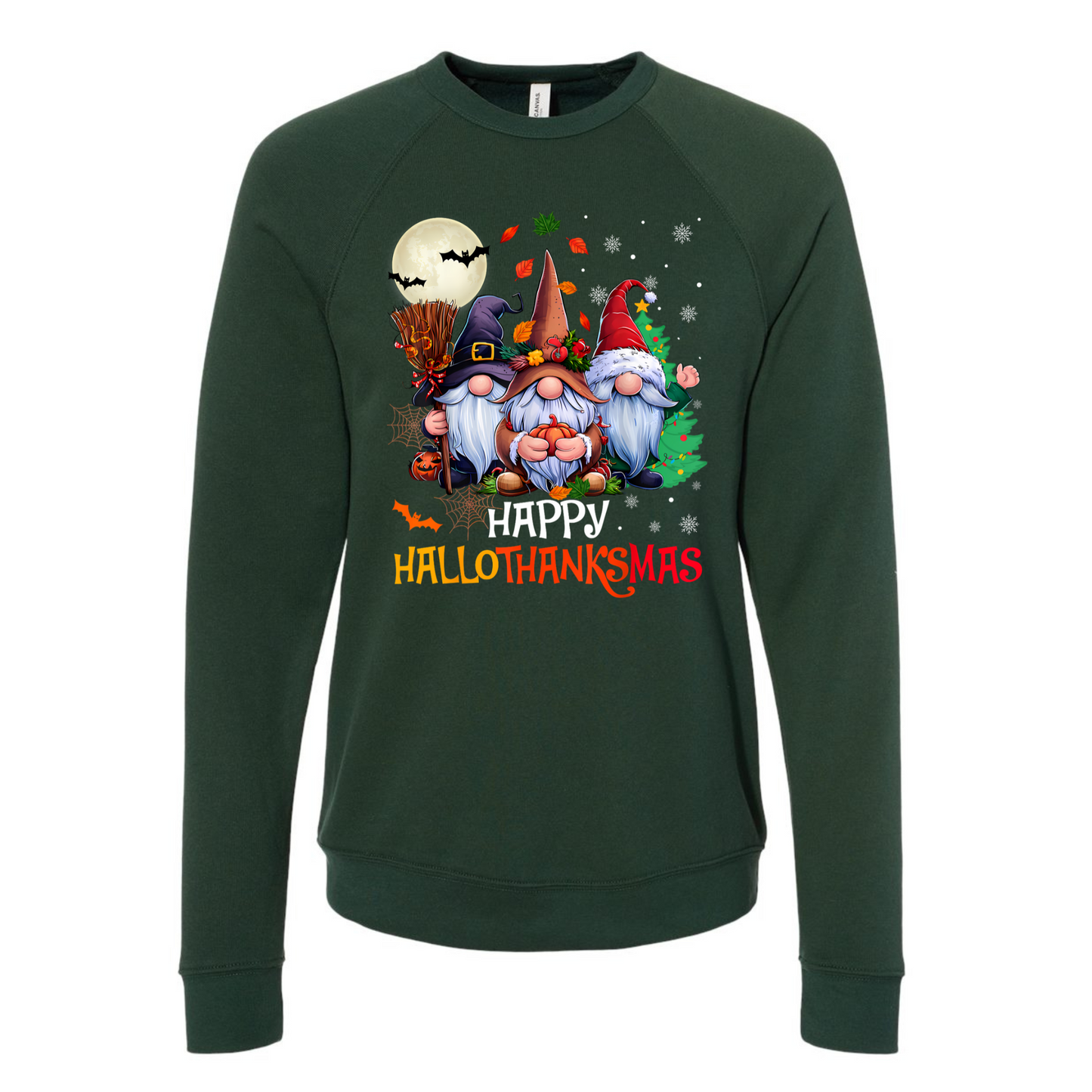 Green sweatshirt with 'Happy Hallothanksmas' design featuring gnomes and a moon on a white background.