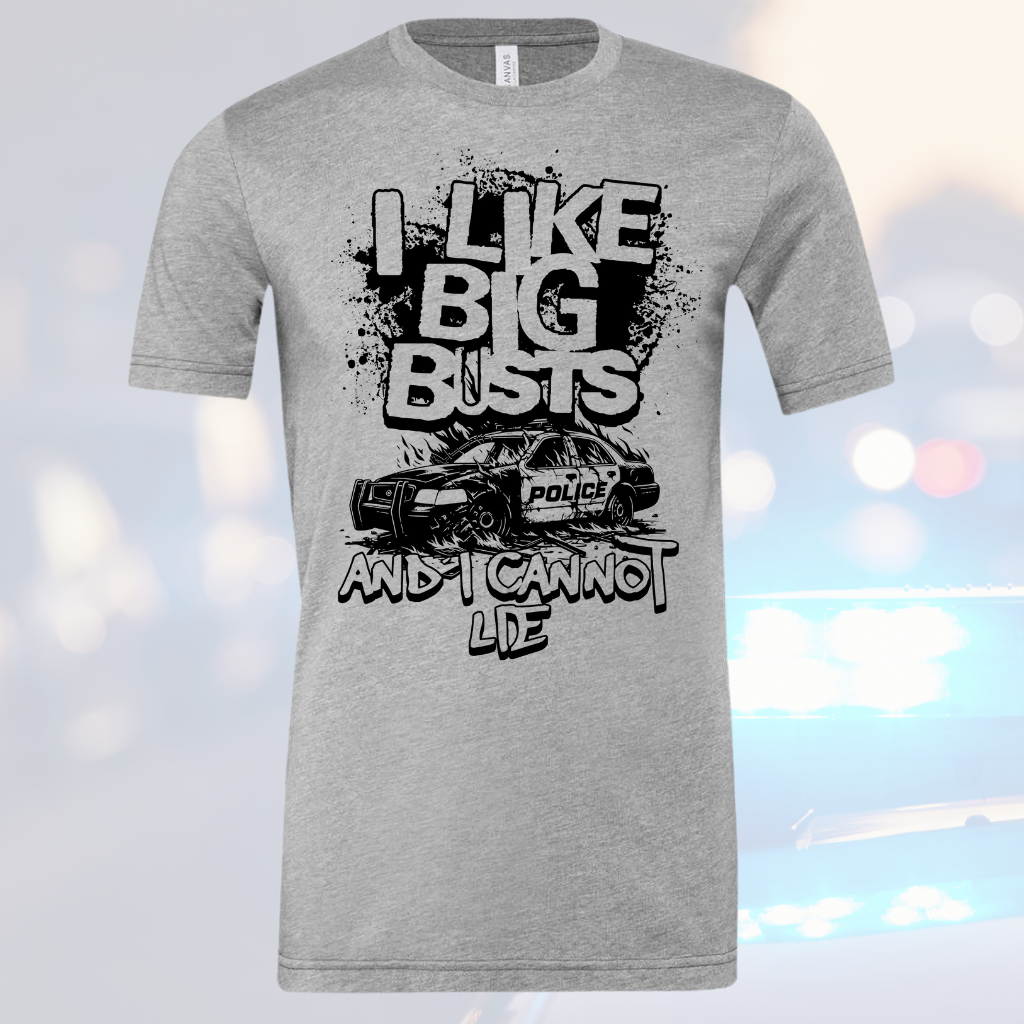 humorous police tee with "I Like Big Busts" design in heather grey