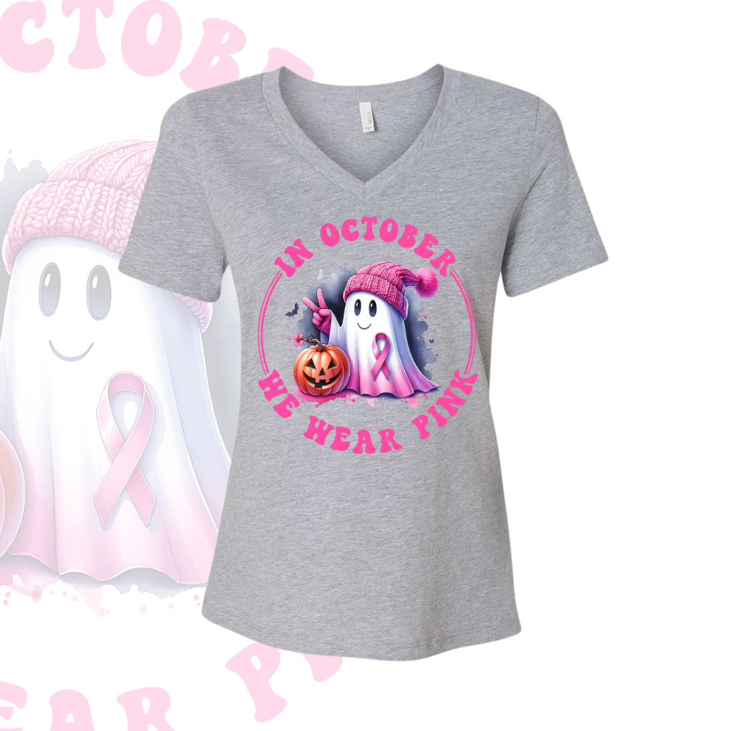 I October We Wear Pink Breast Cancer Awareness Grey Vneck Shirt