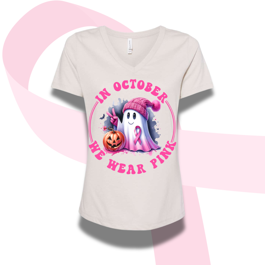 I October We Wear Pink Breast Cancer Awareness Vneck Shirt for Women